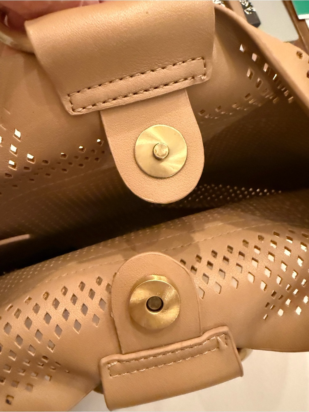 Anthropologie Tan Perforated Ring Handle Crossbody Bag - Vegan Leather Tote - Picture 8 of 11